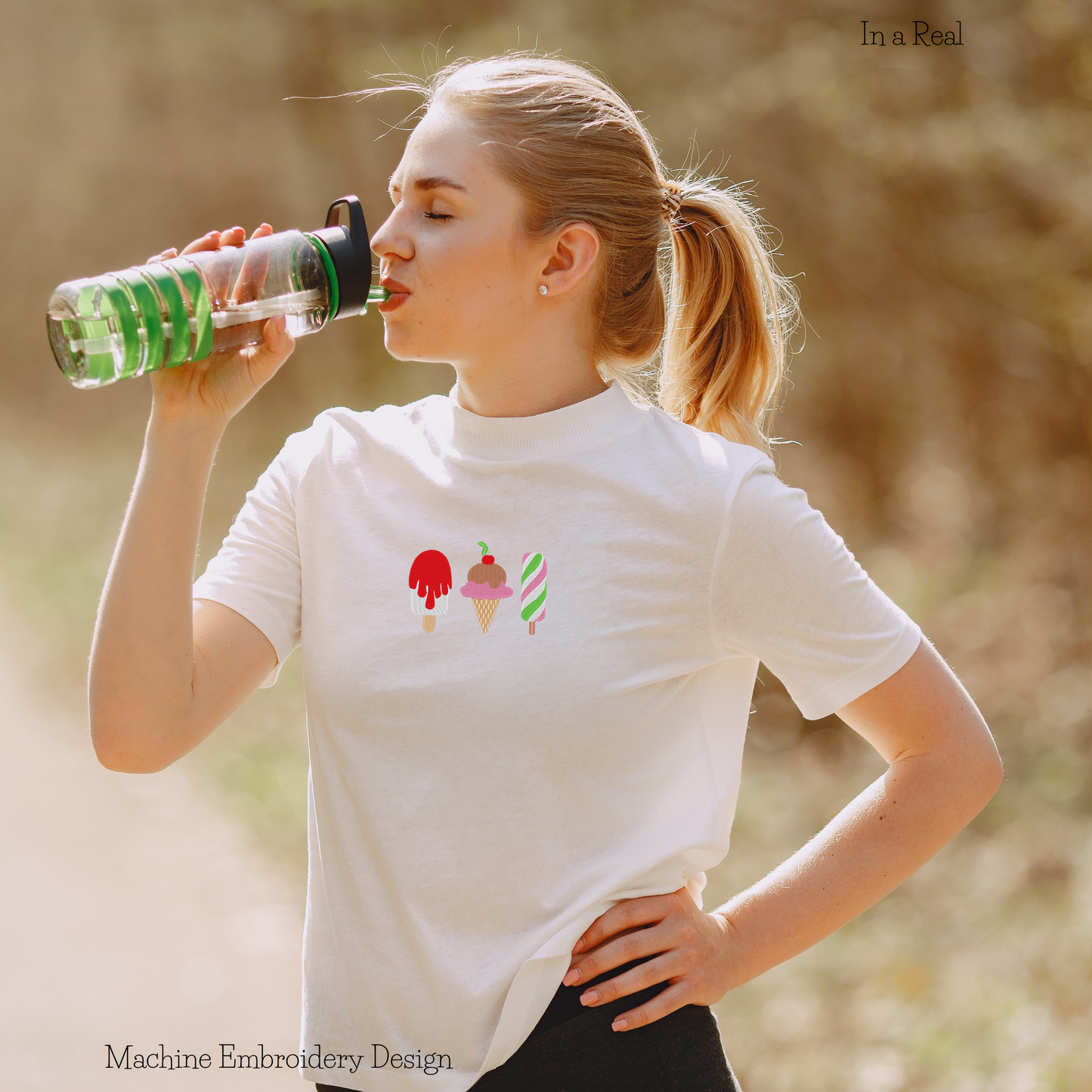 An embroidery design featuring three delectable ice creams is displayed on a T-shirt