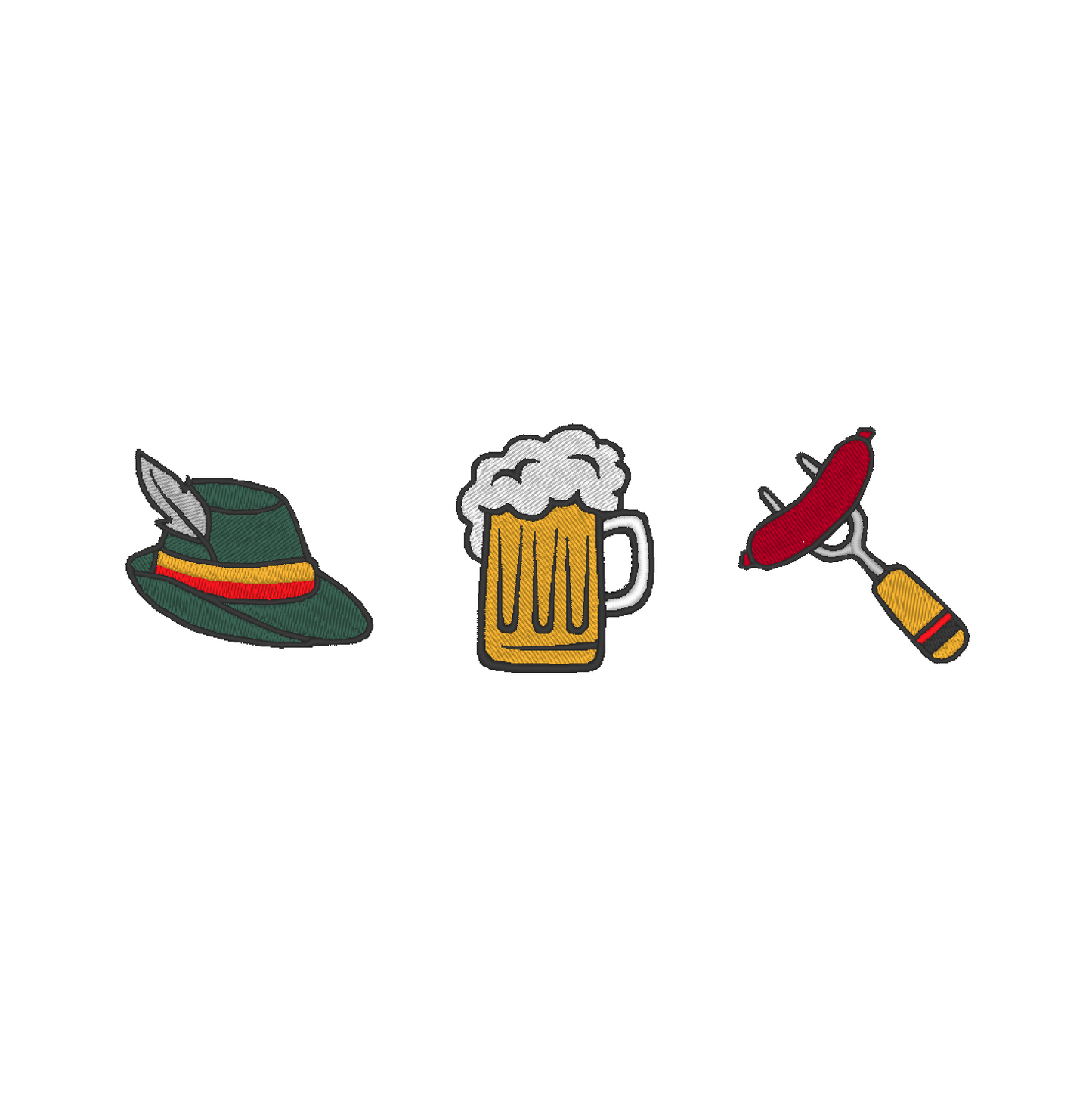 Oktoberfest trio: Bavarian Hat, frothy Beer Mug, and Grilled Sausage machine embroidery designs