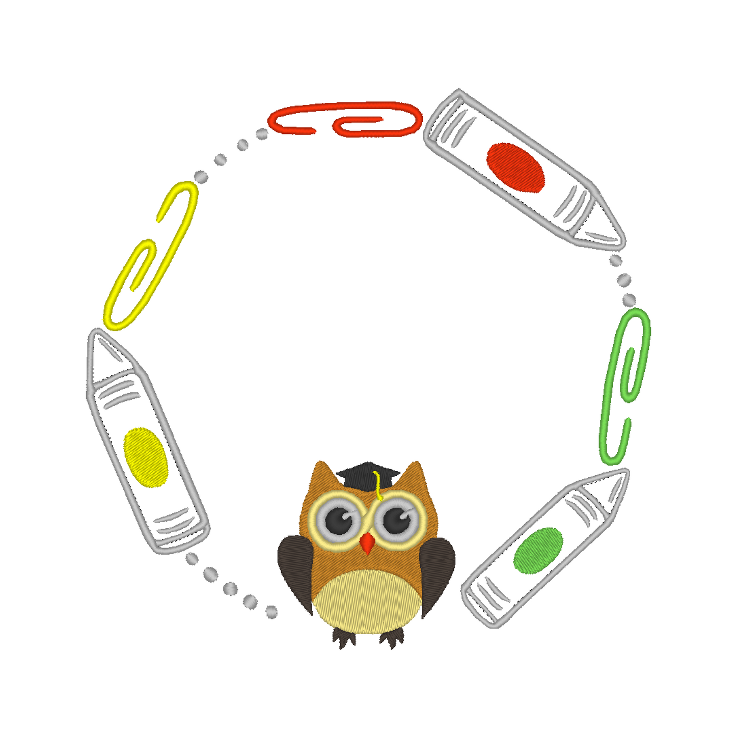 Machine embroidery design: Playful circle frame for kindergartens or schools, featuring crayons, clips, and an adorable owl