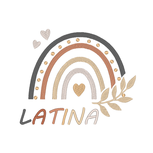 A vibrant and empowering machine embroidery design featuring a rainbow with the word 'Latina' in elegant script