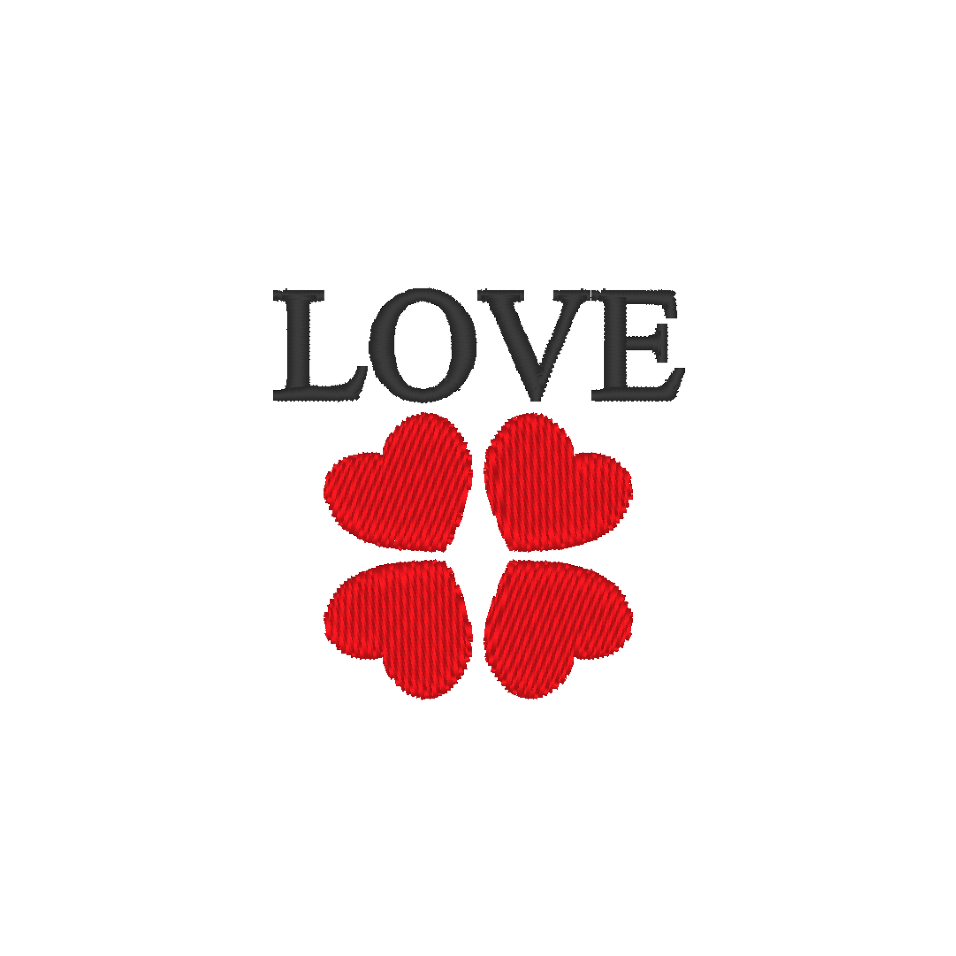 Embroidery design featuring the word 'Love', with four hearts arranged in a clover shape below 