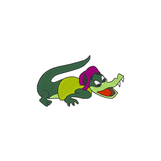 Lacoste logo parody machine embroidery design featuring a cheerful crocodile