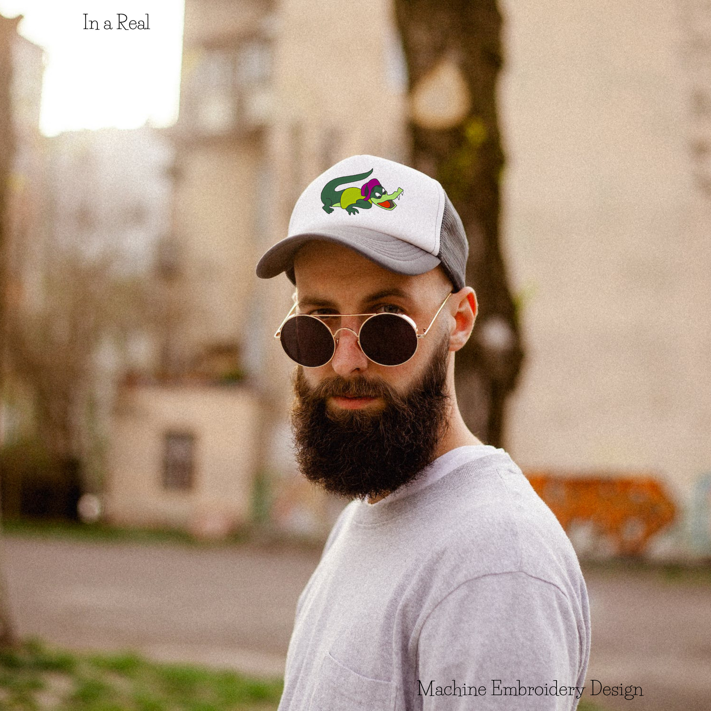 Lacoste logo parody machine embroidery design featuring a cheerful crocodile is displayed on a cap 