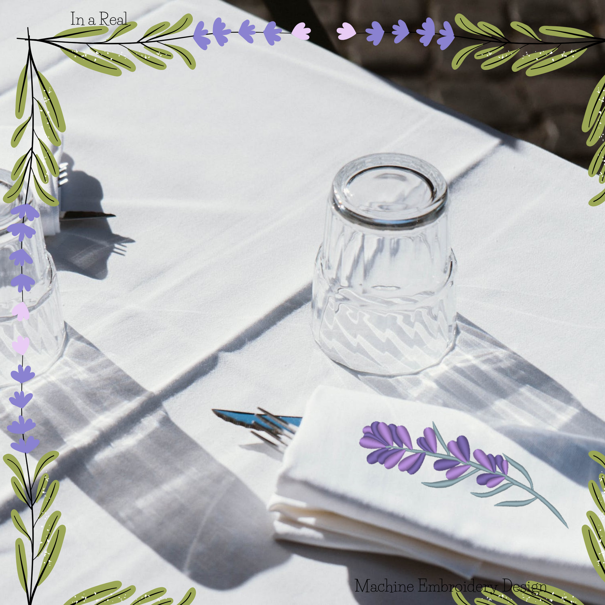 Lavender Flower Machine Embroidery Design: Delicate lavender blossoms is displayed on a napkin 