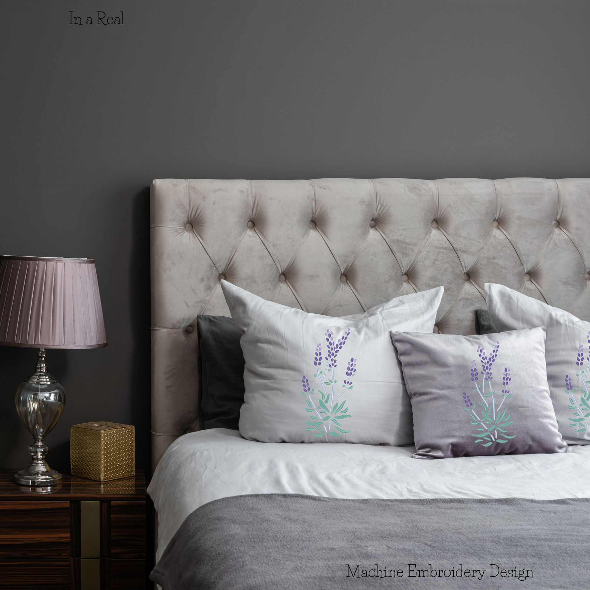 Image of Lavender Flowers Machine Embroidery Design displayed on decorative pillows