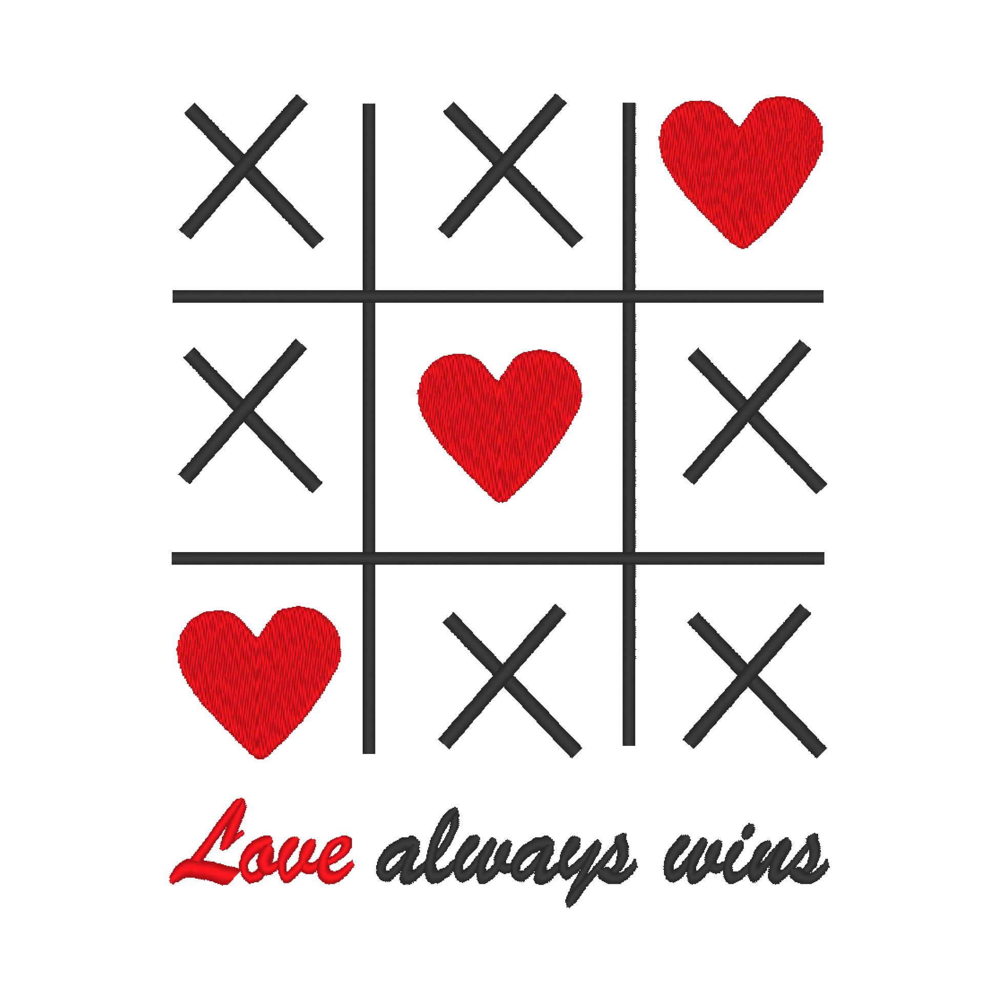 Valentine's Tic Tac Toe embroidery: 'Love Always Wins.' Hearts replace traditional Os on the classic grid. Elegant 'Love Always Wins' phrase below