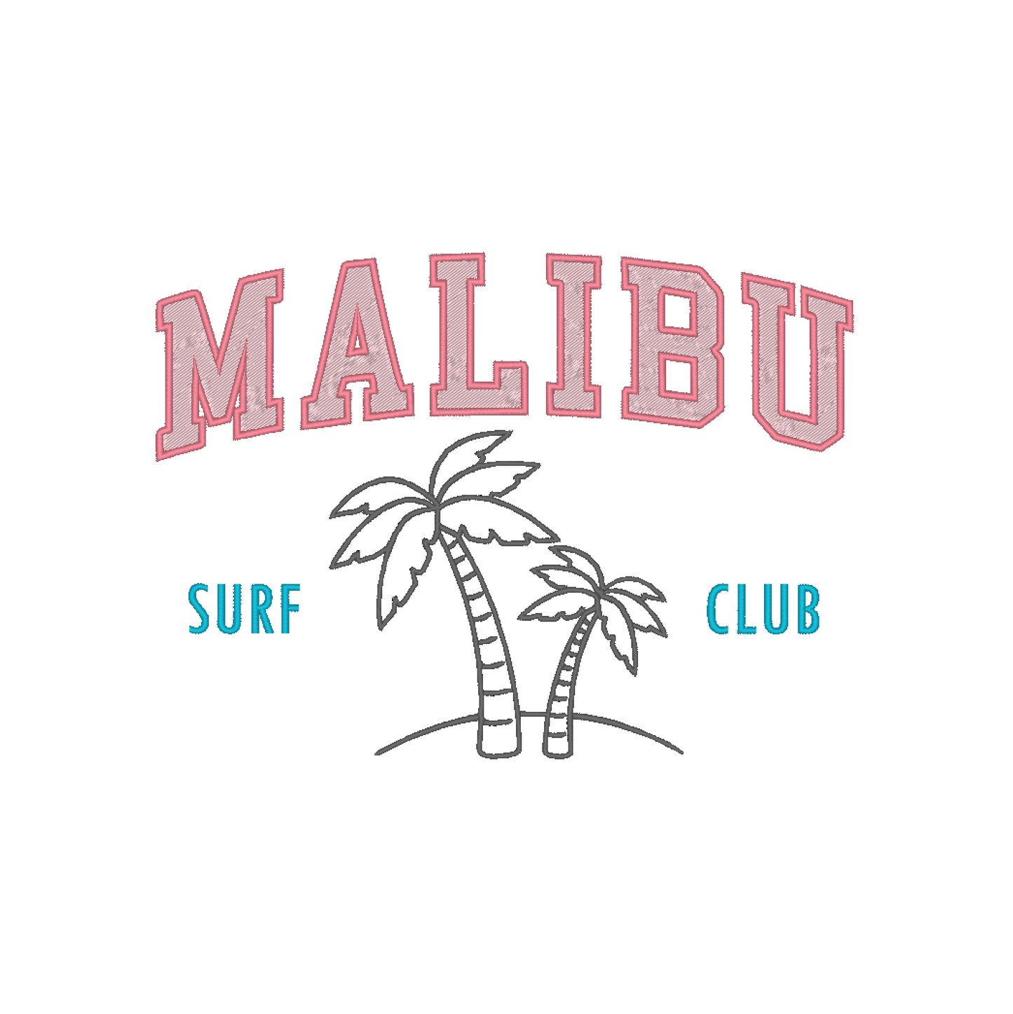 Machine embroidery design of 'Malibu Surf Club' written with palms at the center