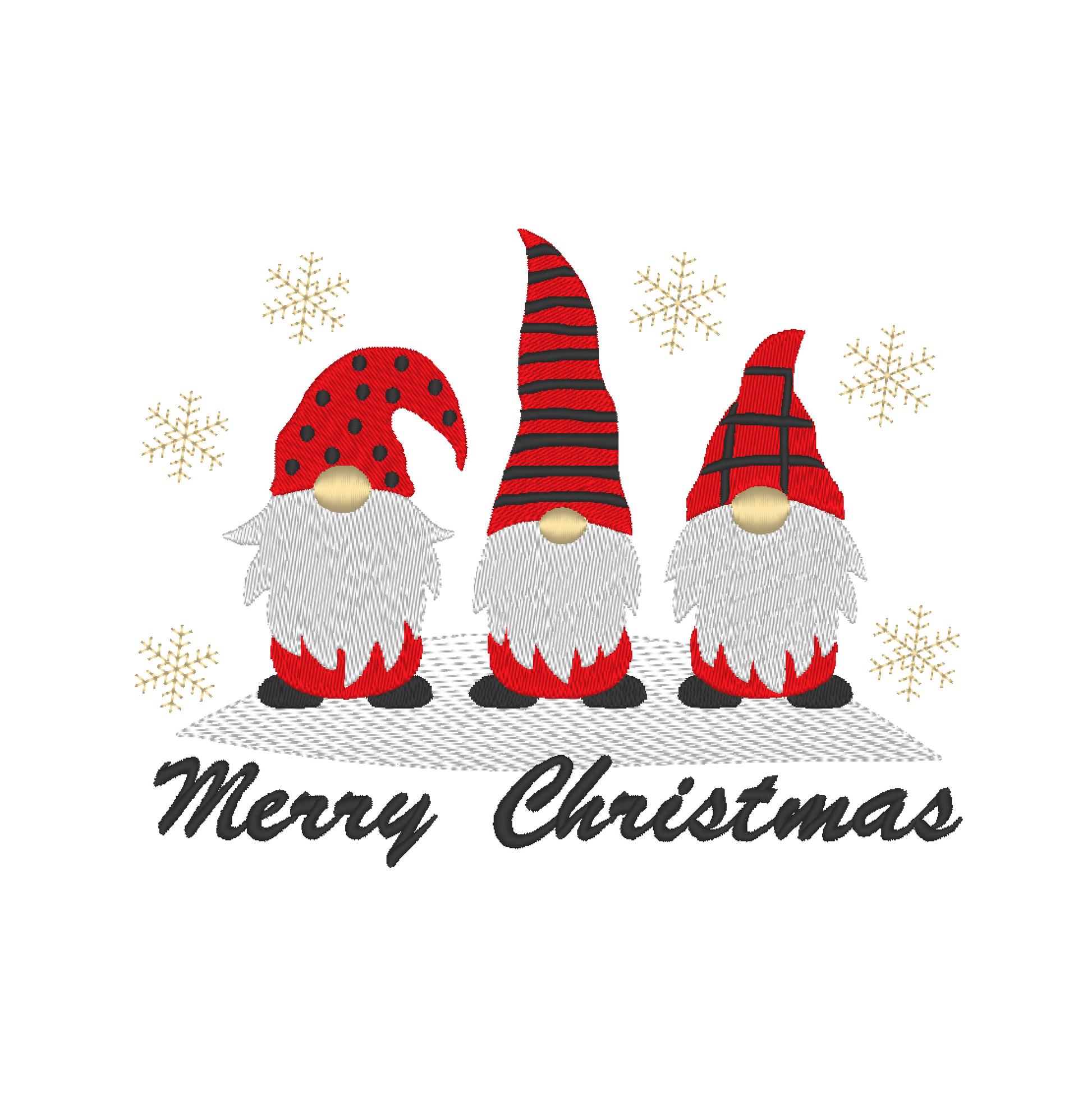 Machine embroidery design showcasing cheerful Christmas gnomes, 'Merry Christmas' lettering, and delicate snowflakes