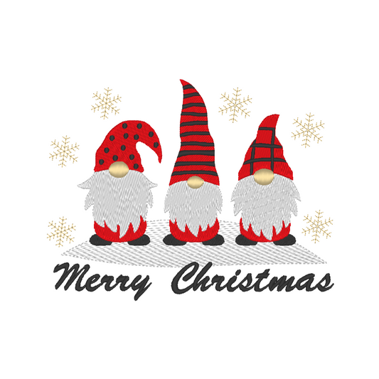 Machine embroidery design showcasing cheerful Christmas gnomes, 'Merry Christmas' lettering, and delicate snowflakes