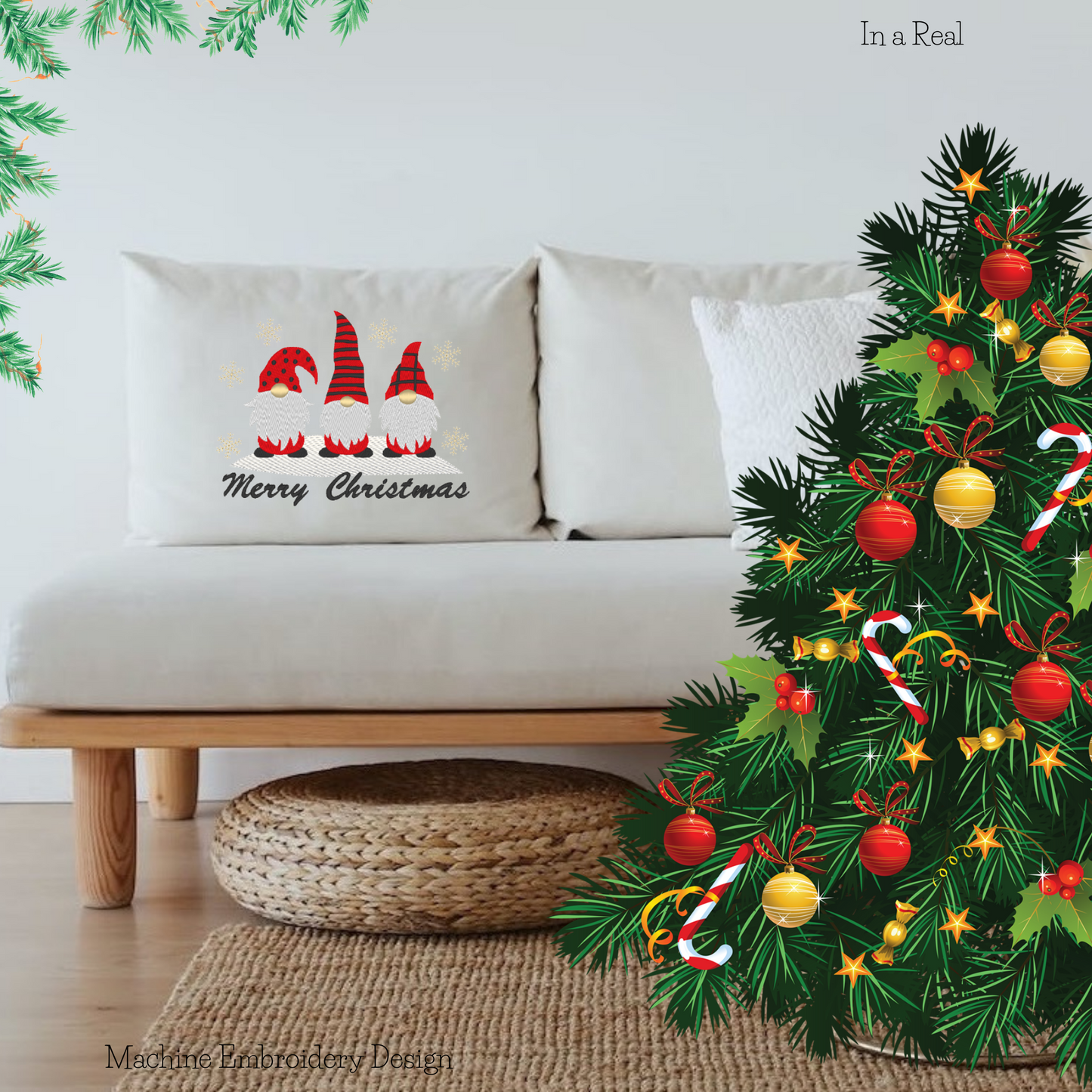 Machine embroidery design of Christmas gnomes, 'Merry Christmas' lettering, and delicate snowflakes are displayed on a decorative pillow