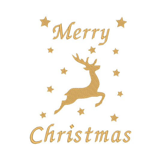 Machine embroidery design featuring the words 'Merry Christmas' in elegant script, accompanied by a graceful deer  all surrounded by twinkling stars