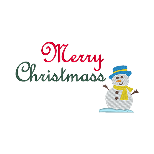 Machine embroidery design featuring the words 'Merry Christmas' and a cheerful snowman, capturing the joy and warmth of the holiday season