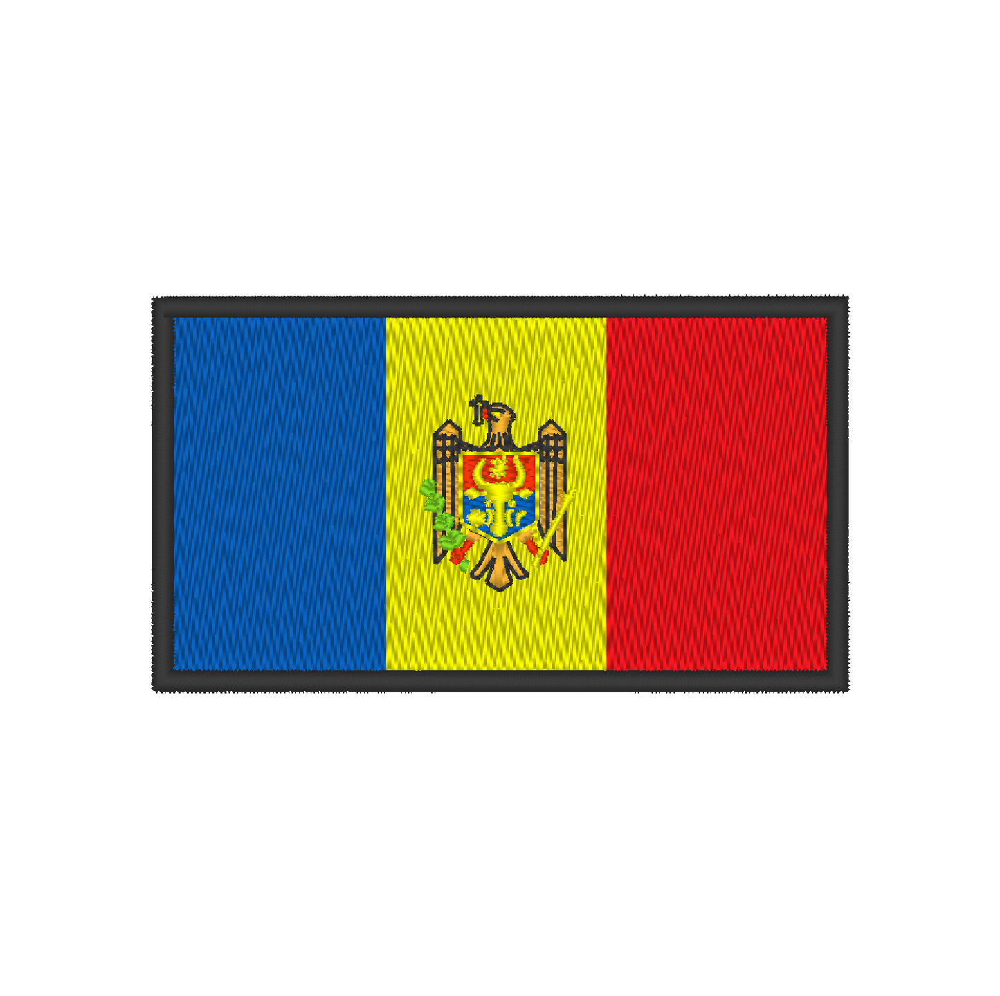 Embroidery design: Moldova flag with blue, yellow, and red stripes. Centered on yellow stripe: Moldova's State Emblem with eagle, cross, scepter, and olive branch