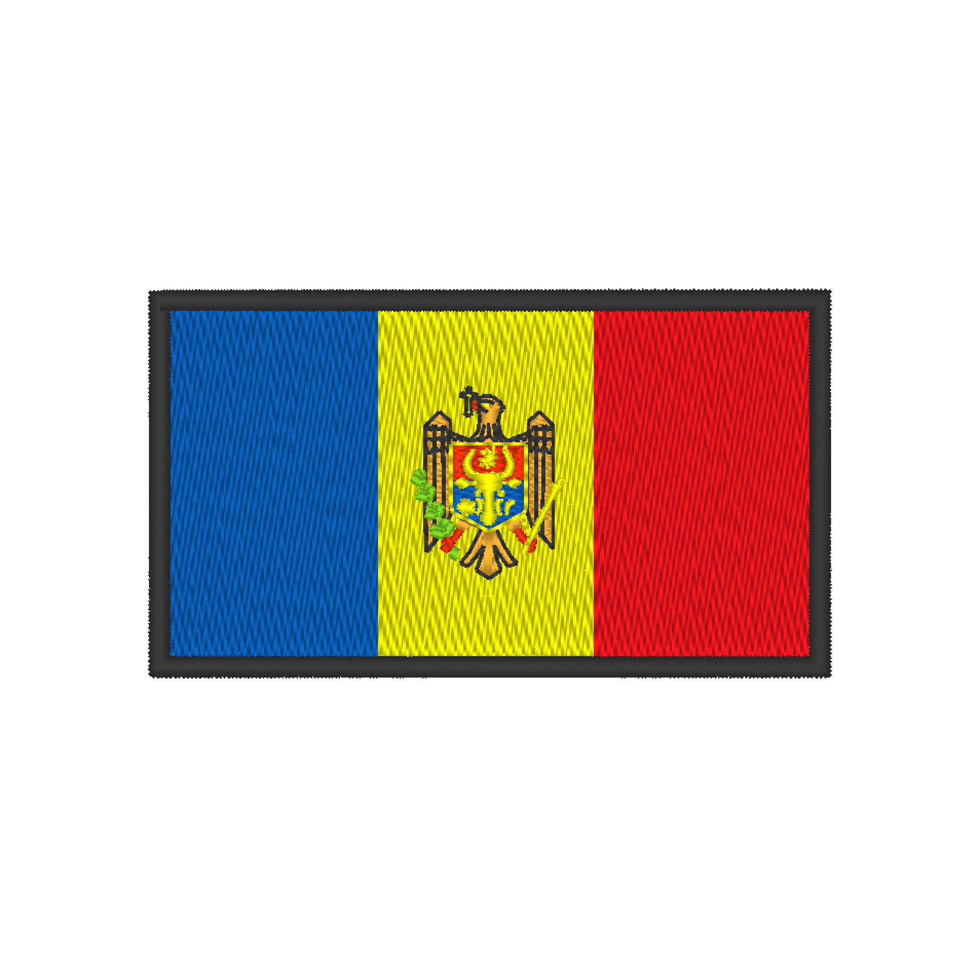 Embroidery design: Moldova flag with blue, yellow, and red stripes. Centered on yellow stripe: Moldova's State Emblem with eagle, cross, scepter, and olive branch