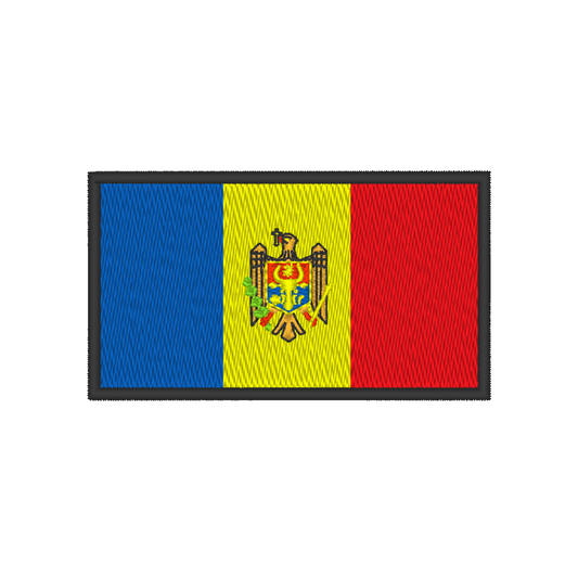 Embroidery design: Moldova flag with blue, yellow, and red stripes. Centered on yellow stripe: Moldova's State Emblem with eagle, cross, scepter, and olive branch