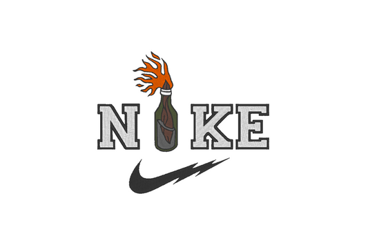 A striking Molotov Cocktail Nike Parody Embroidery Design, featuring the iconic NIKE-inspired logo with a bold twist, replacing the "I" with a Molotov Cocktail