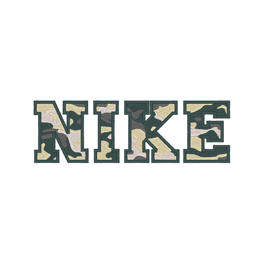 Image of Nike Camo Machine Embroidery Design, blending the iconic Nike logo with a camouflage pattern