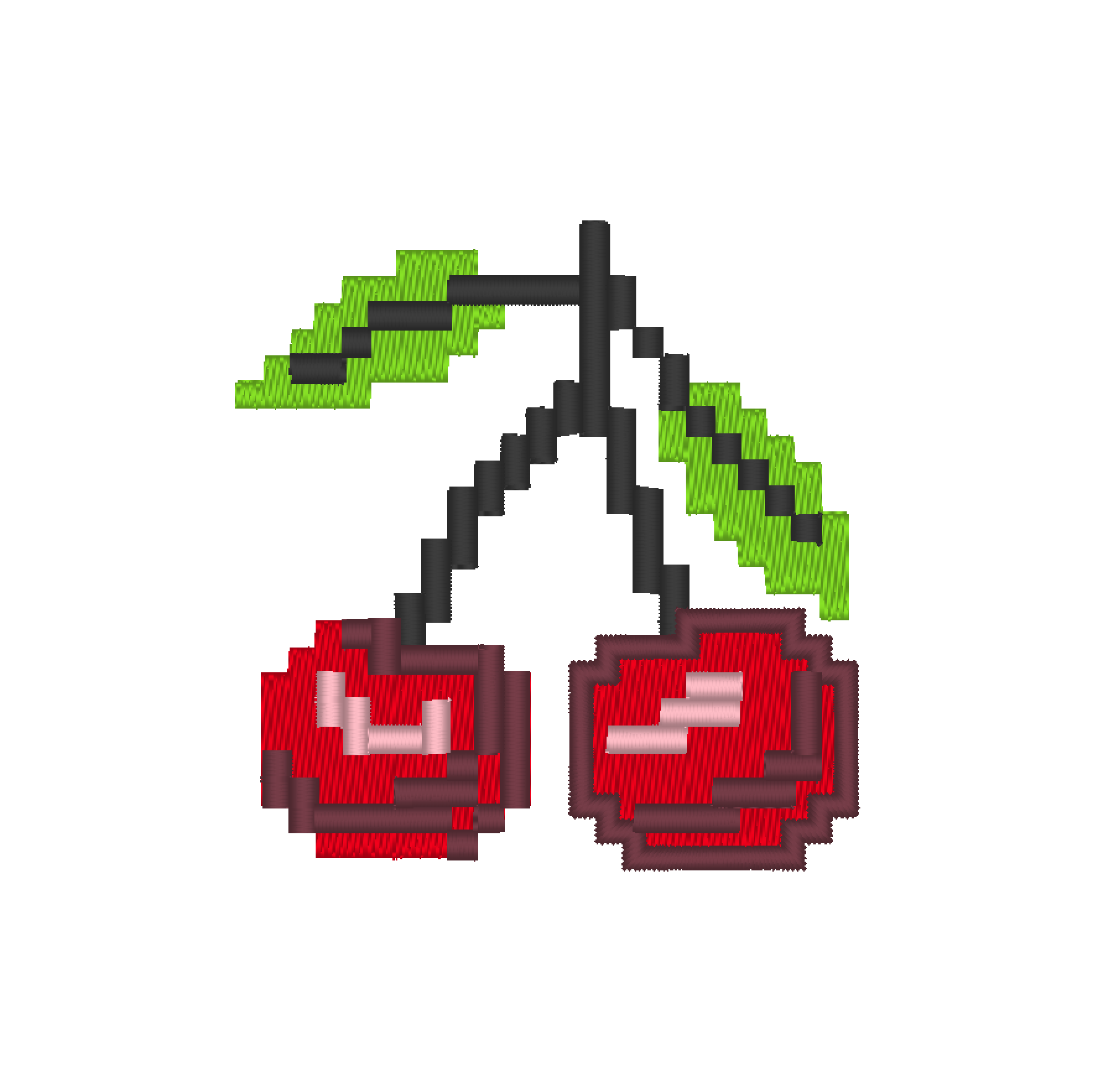 Embroidery design of a pixel cherry, perfect for adding a retro and colorful touch to your designs.