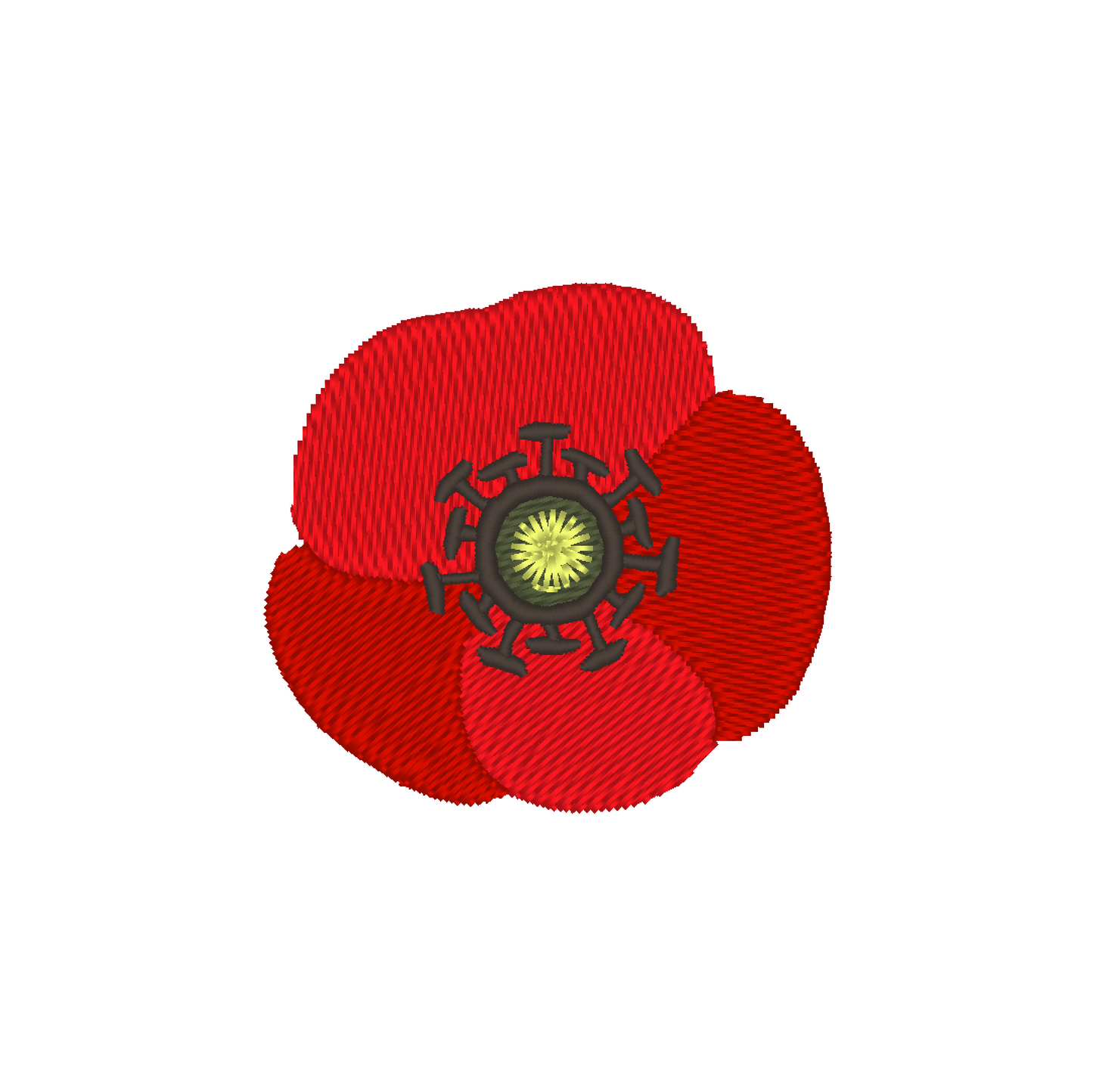 Machine embroidered logo-style depiction of a stylized poppy flower