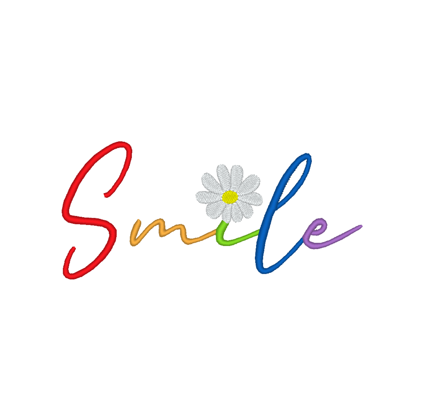 The Rainbow Smile Embroidery Design showcasing the word "Smile" in colorful letters, with a chamomile flower replacing the dot in the word