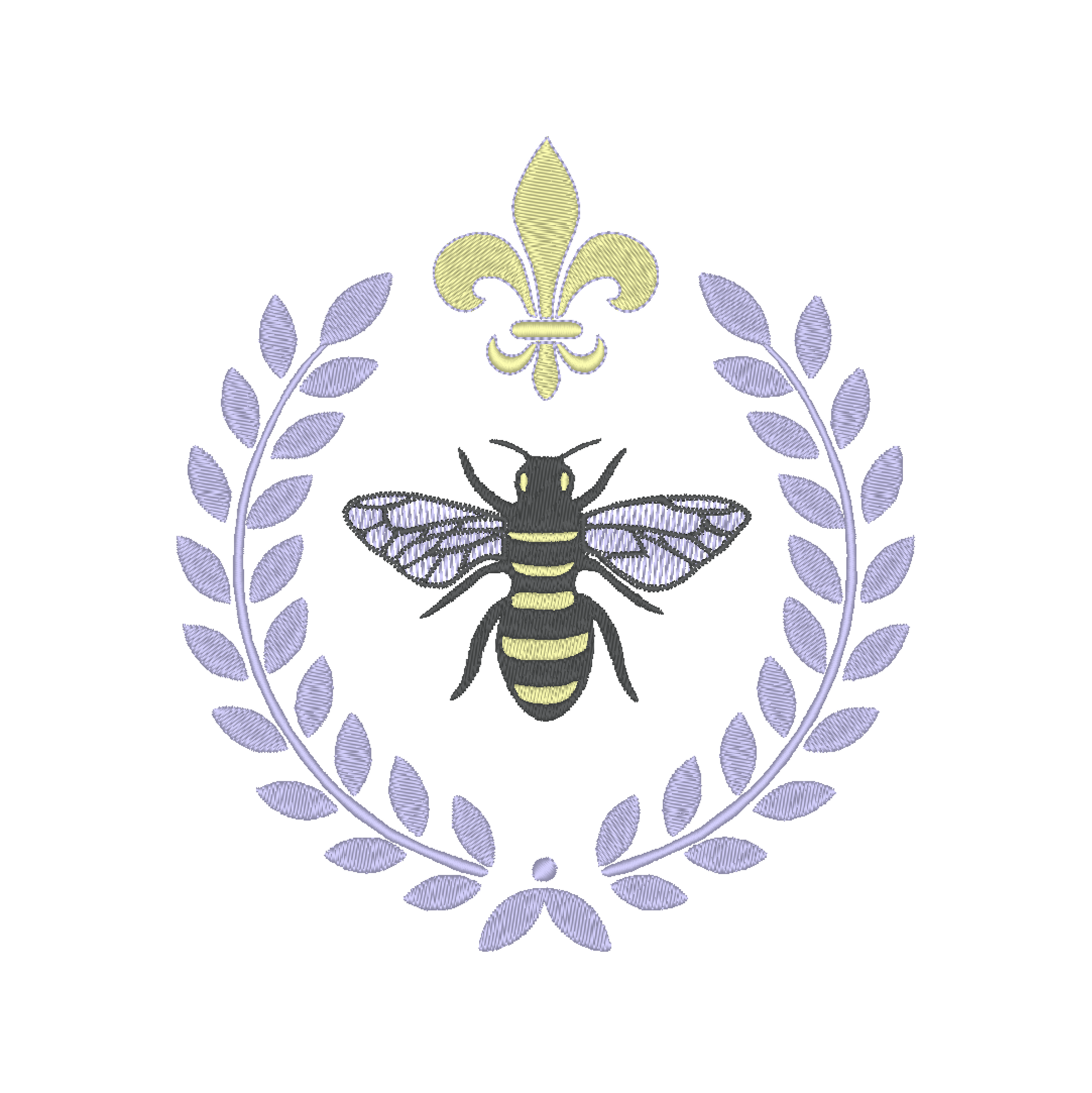  Intricate machine embroidery design featuring a regal bee surrounded by a laurel frame