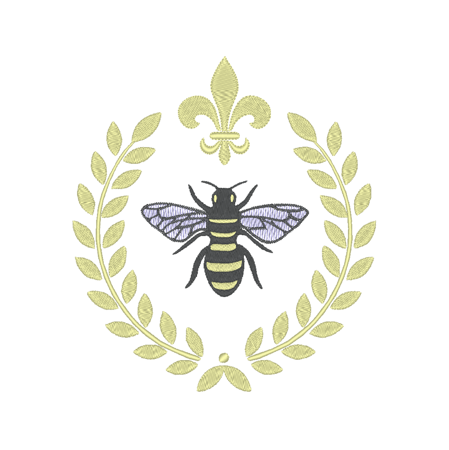  Intricate machine embroidery design featuring a regal bee surrounded by a laurel frame