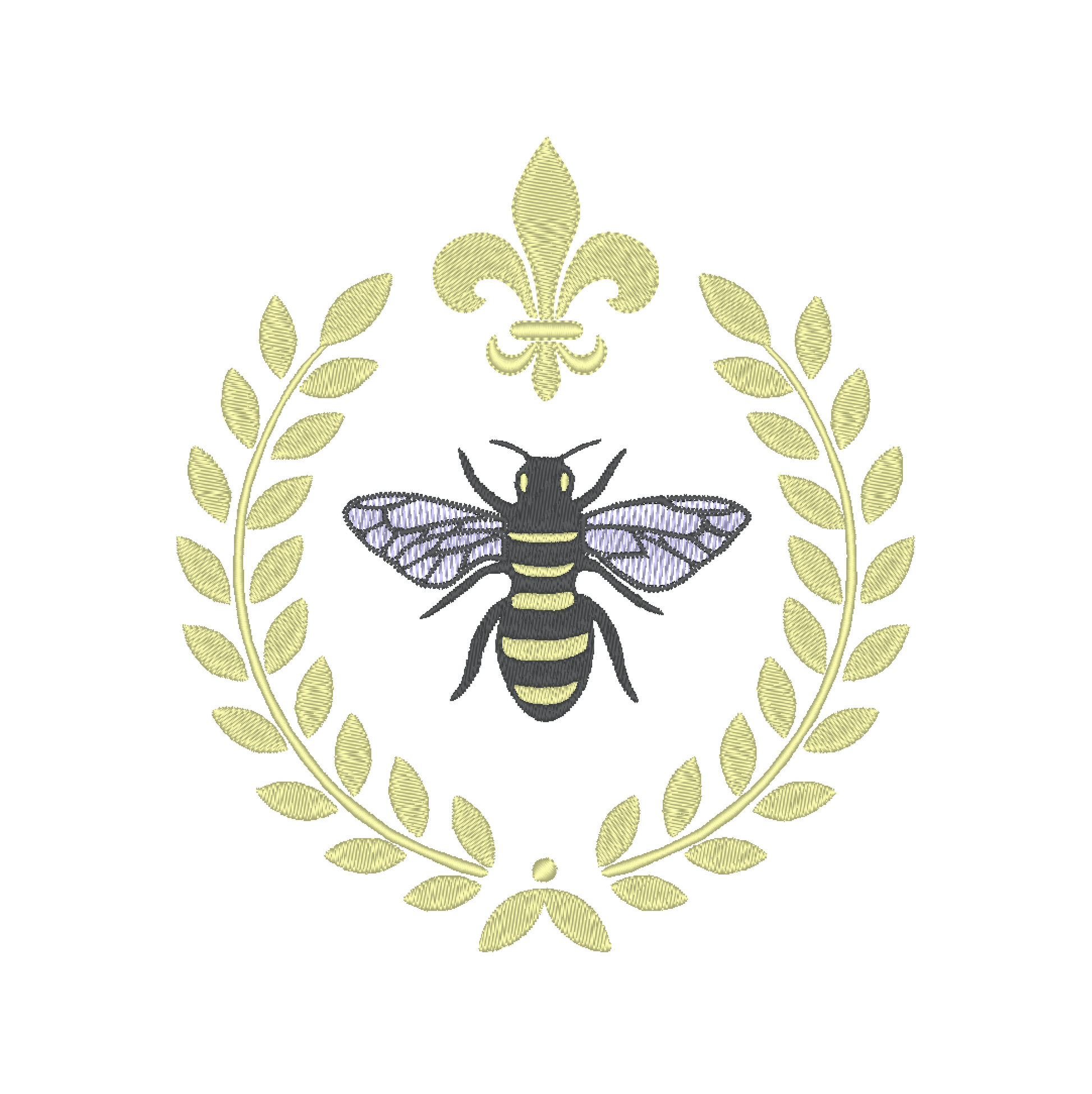  Intricate machine embroidery design featuring a regal bee surrounded by a laurel frame