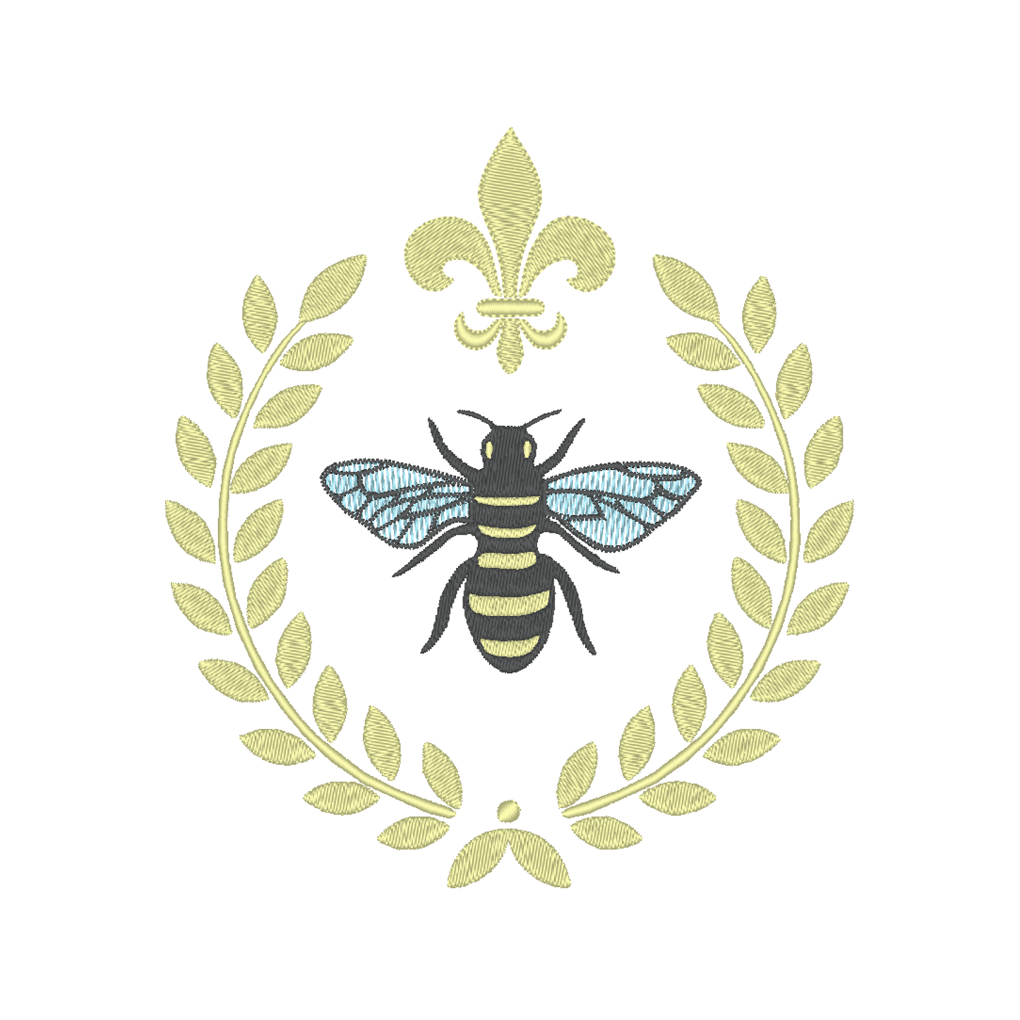  Intricate machine embroidery design featuring a regal bee surrounded by a laurel frame