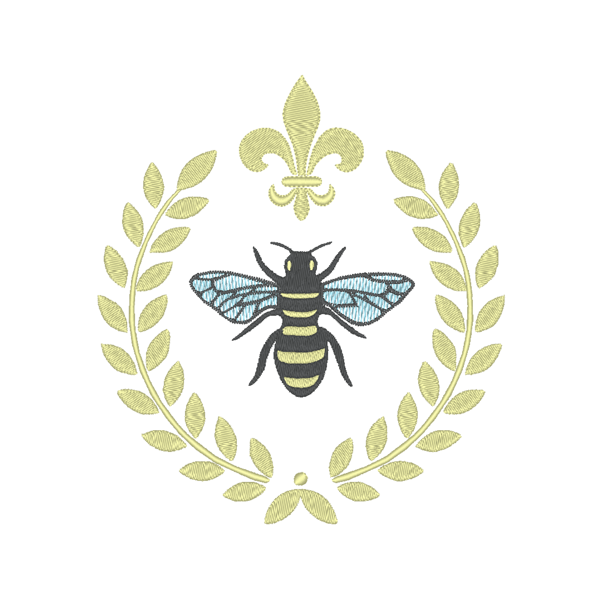  Intricate machine embroidery design featuring a regal bee surrounded by a laurel frame