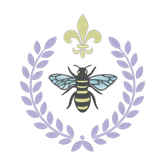 Intricate machine embroidery design featuring a regal bee surrounded by a laurel frame