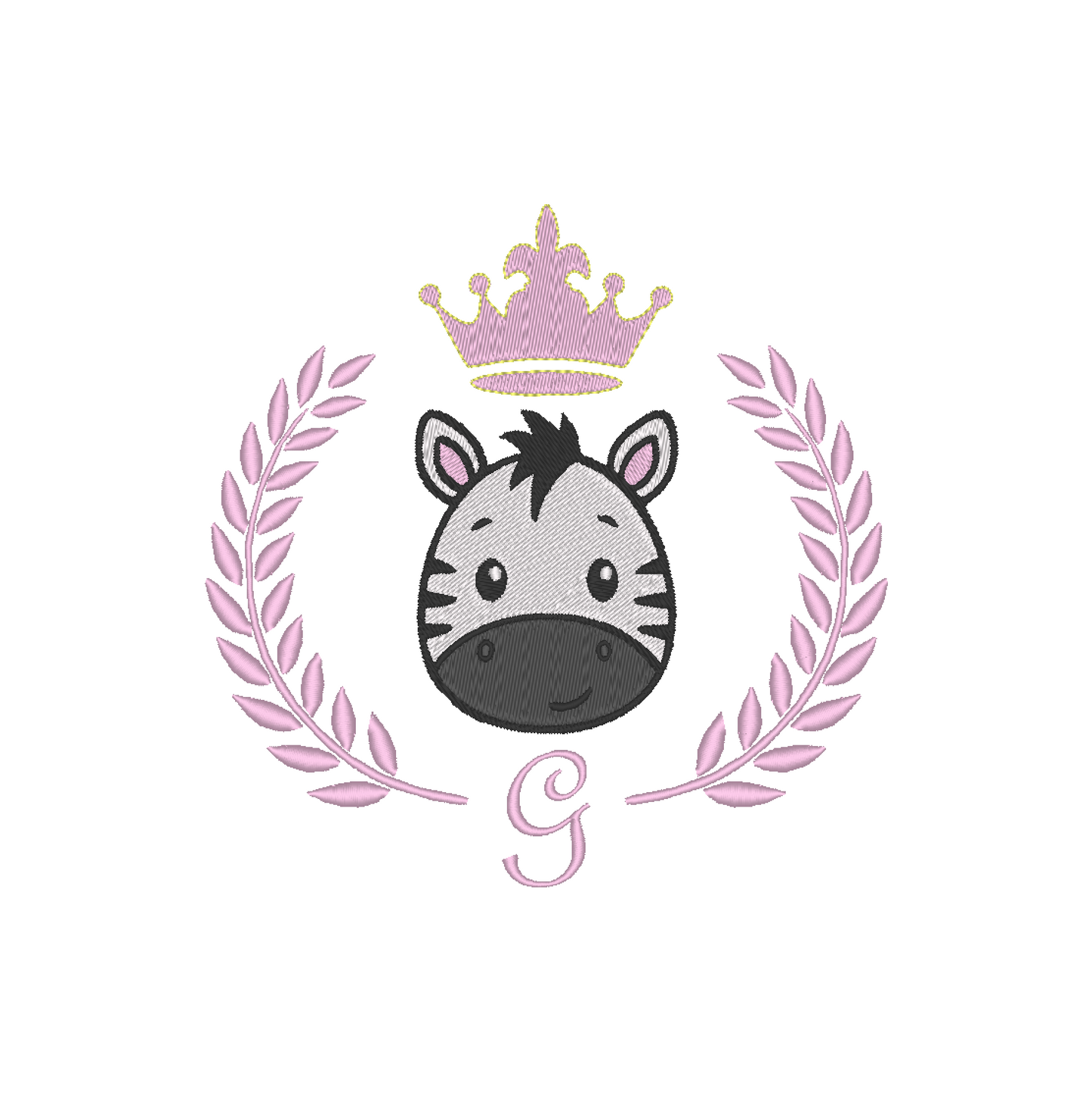 Zebra Face with a royal crown, framed by a laurel wreath and personilazed letter G machine embroidery design