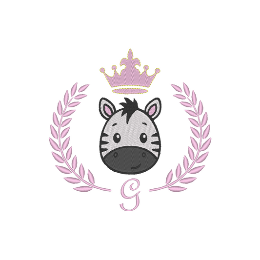 Zebra Face with a royal crown, framed by a laurel wreath and personilazed letter G machine embroidery design