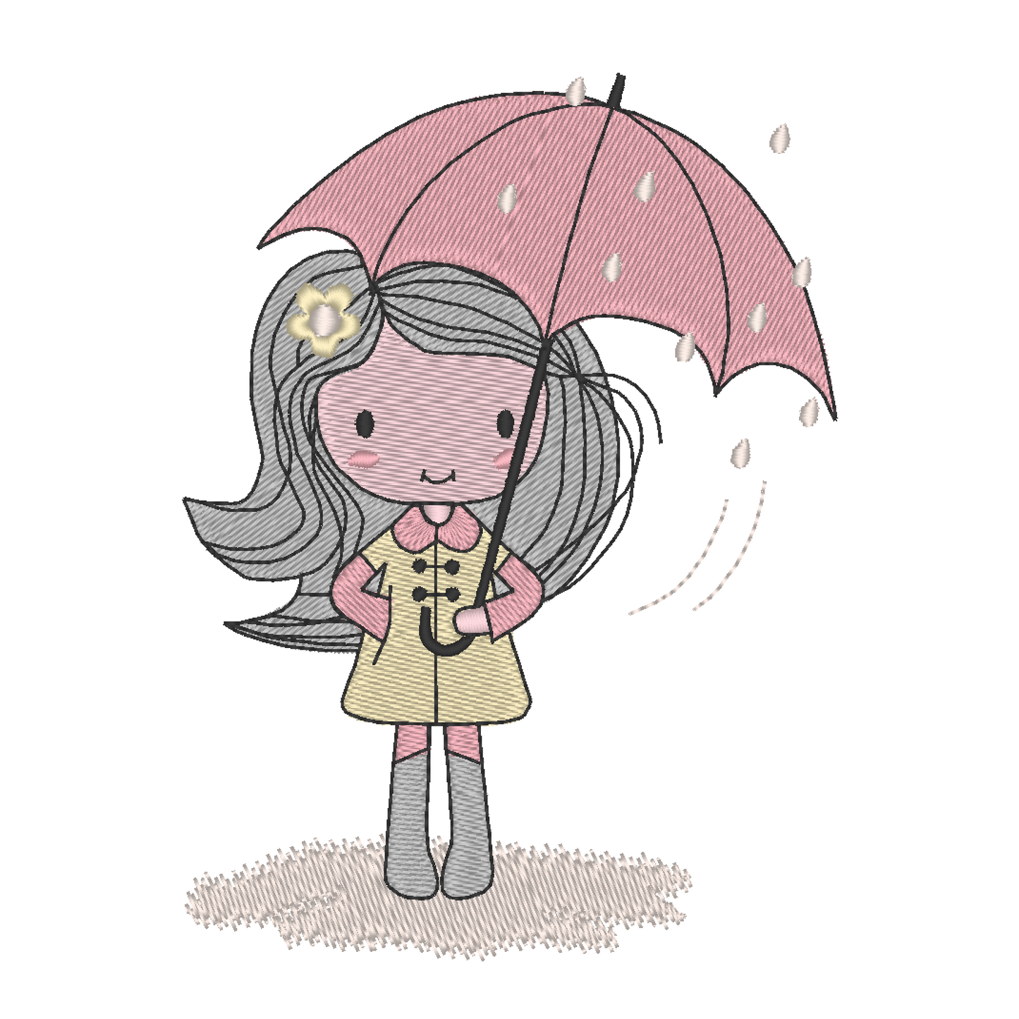 Machine embroidery design: Cute girl under an umbrella in the rain, capturing the innocence and charm of a child enjoying a rainy day