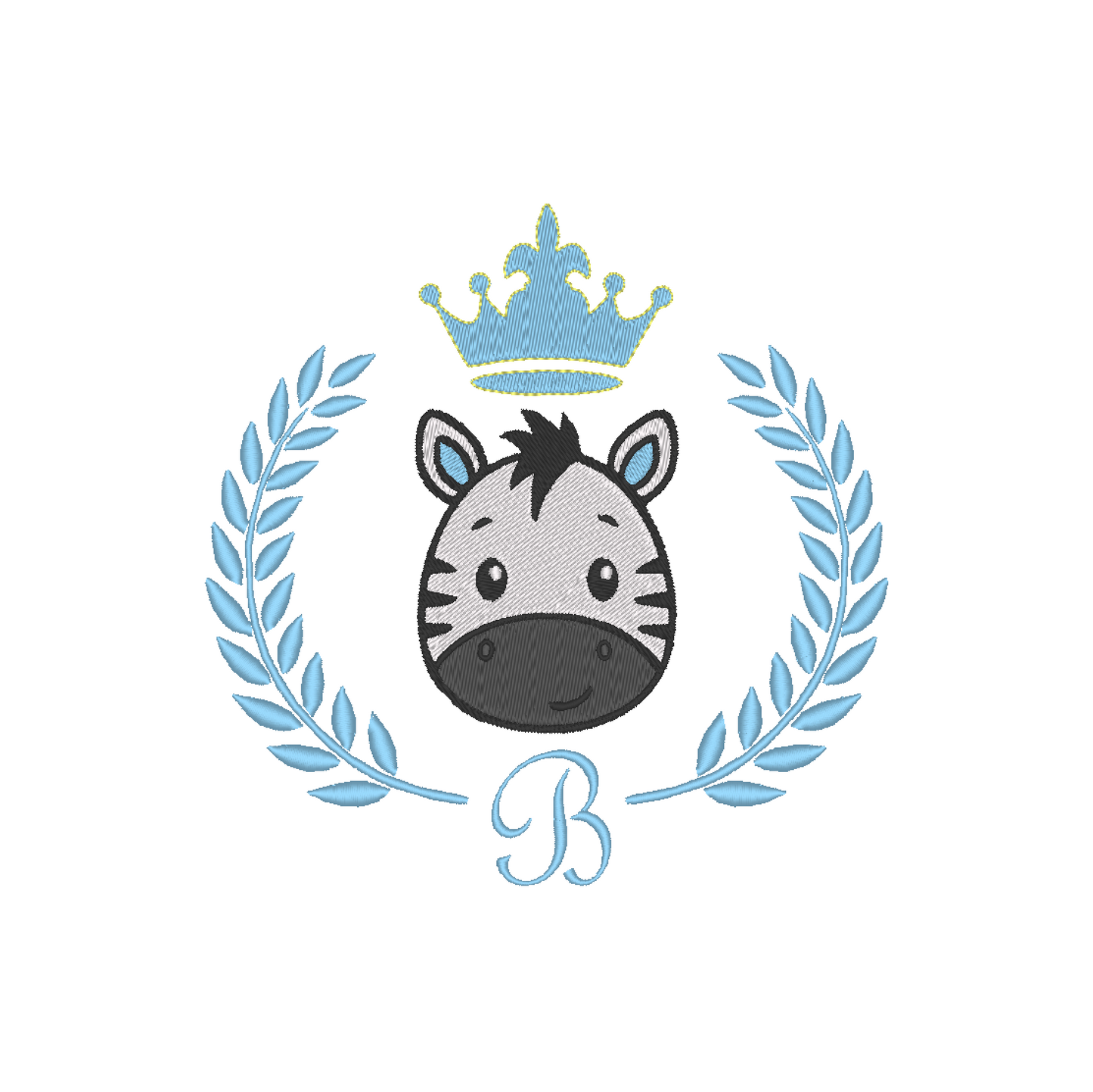 Zebra Face with a royal crown, framed by a laurel wreath and personilazed letter B machine embroidery design