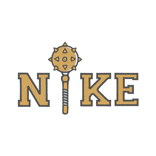 Nike-inspired parody with a mace weapon replacing the "i" in the logo, combining humor and style