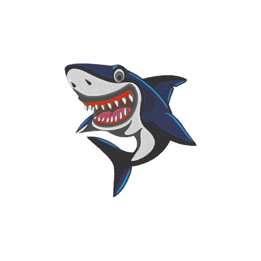 A playful and charming machine embroidery design featuring a smiling shark with sharp teeth
