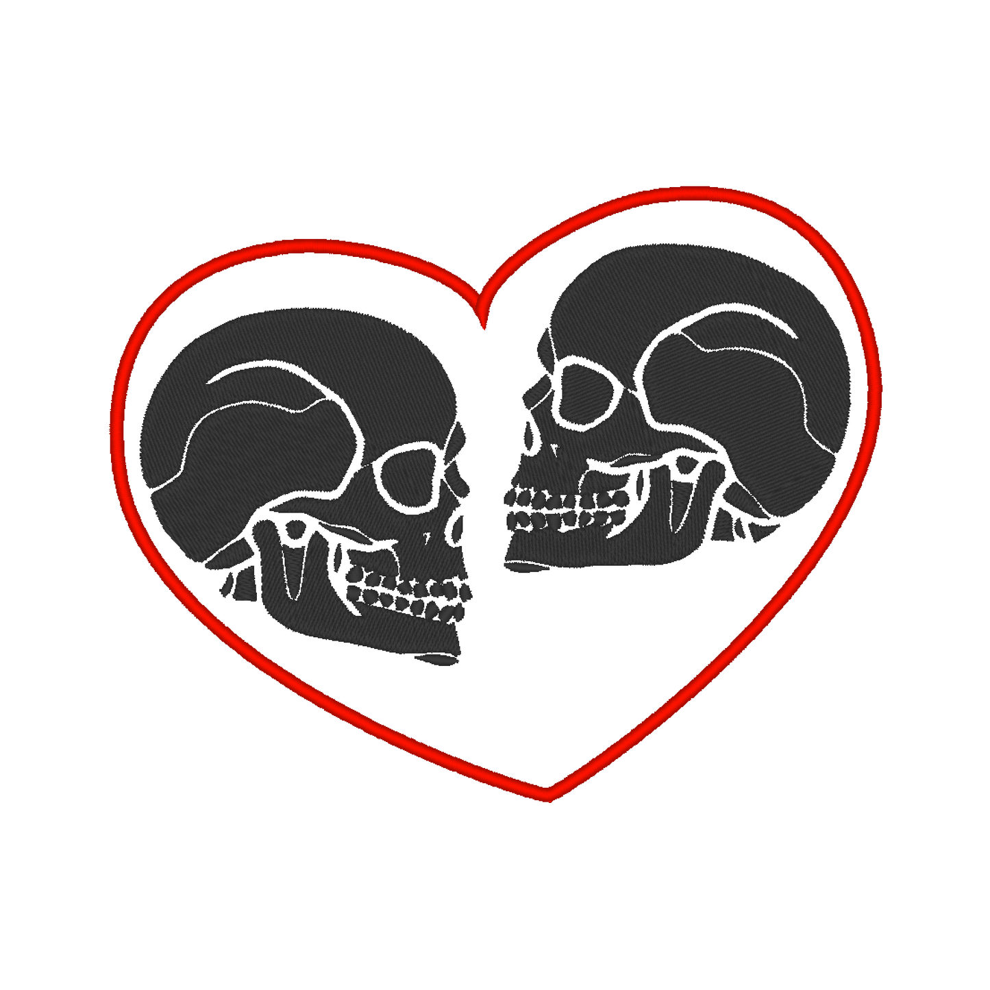 Machine embroidery design featuring intricately detailed skulls within a heart shape