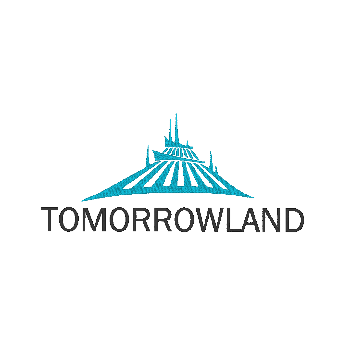 Machine embroidery design featuring 'Tomorrowland' written, accompanied by a castle silhouette