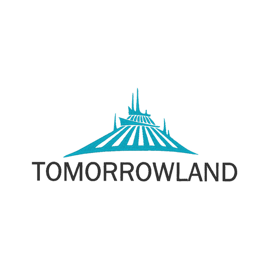 Machine embroidery design featuring 'Tomorrowland' written, accompanied by a castle silhouette