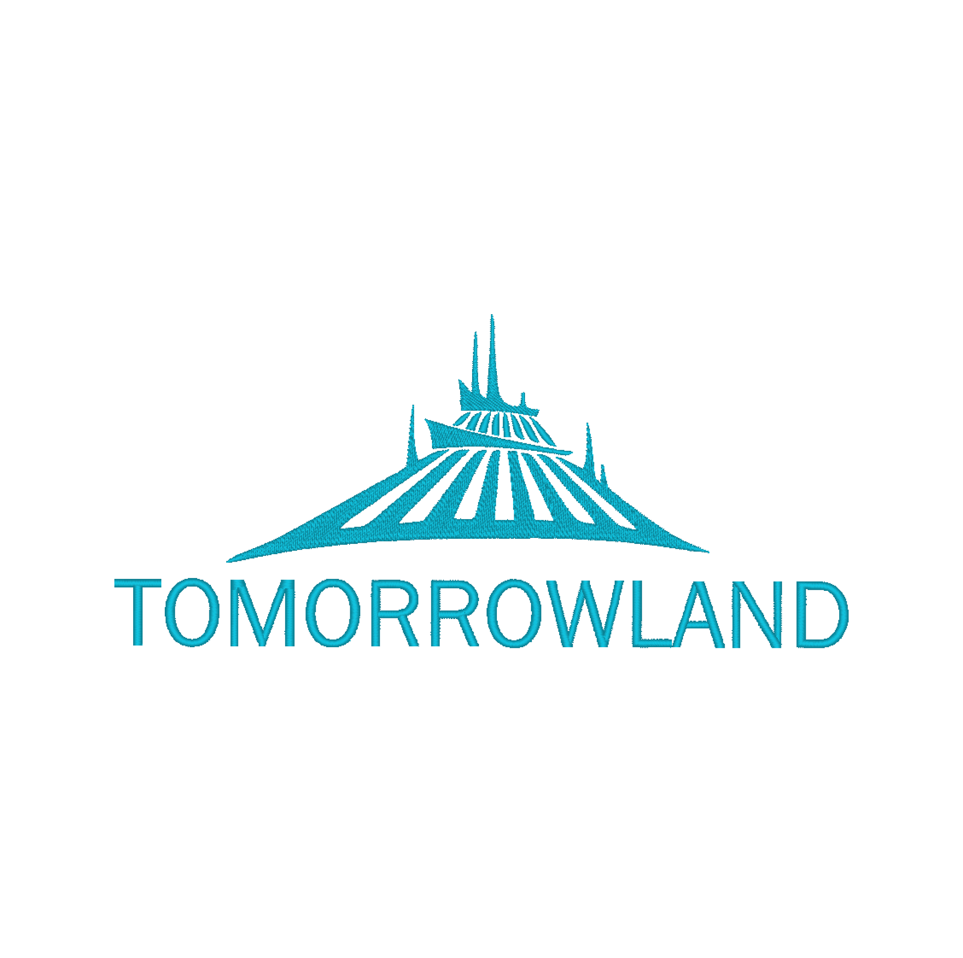 Machine embroidery design featuring 'Tomorrowland' written, accompanied by a castle silhouette