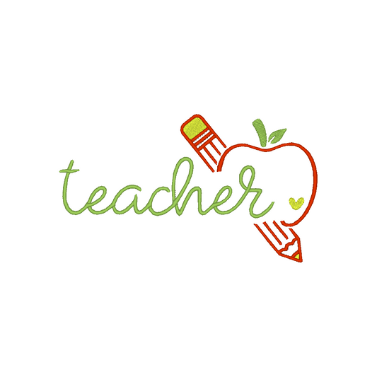 Machine embroidery design featuring a logo with the word 'Teacher' in stylish font, with an apple and pencil symbolizing knowledge and creativity