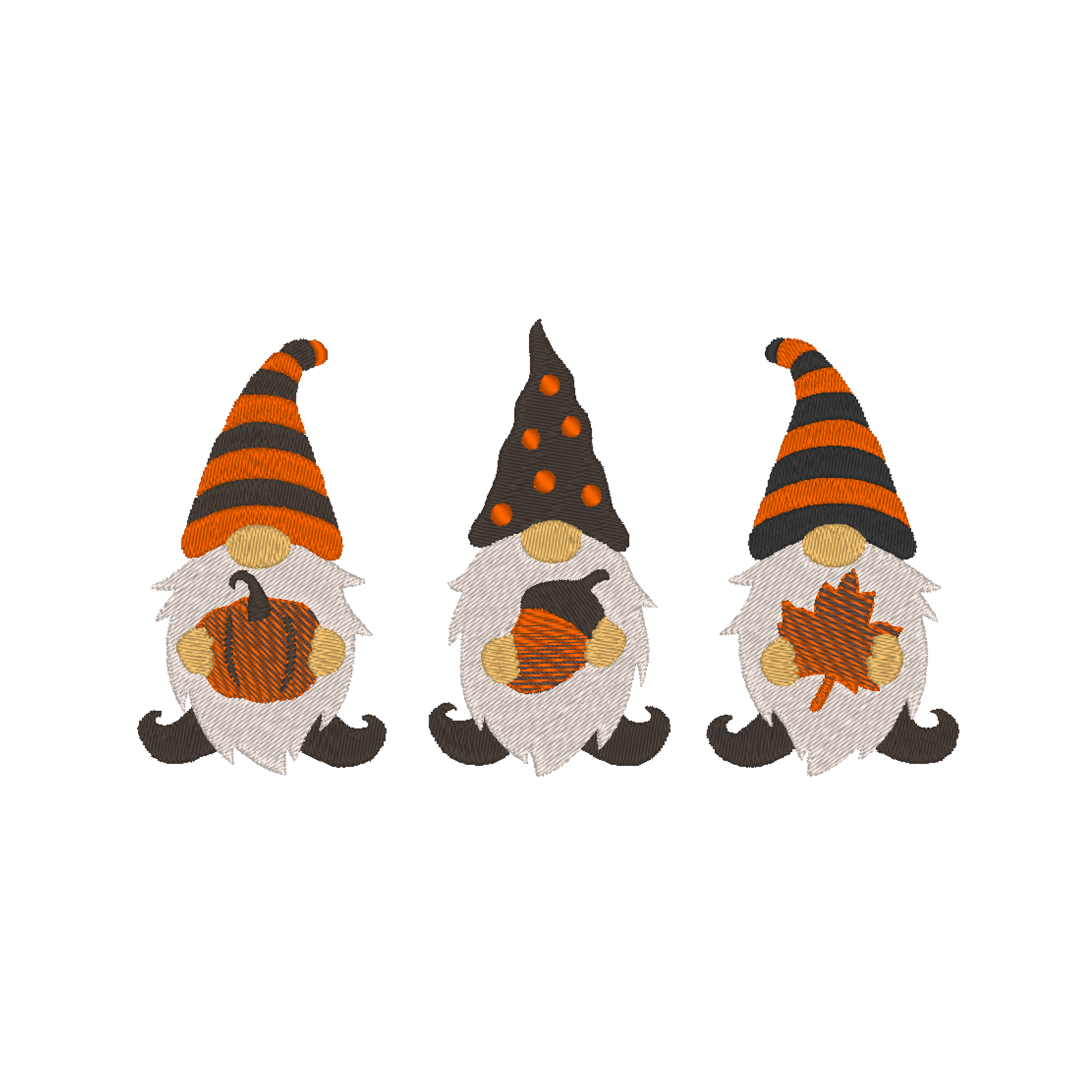 Machine embroidery design: Thanksgiving Gnomes in festive attire, symbolizing gratitude and warmth