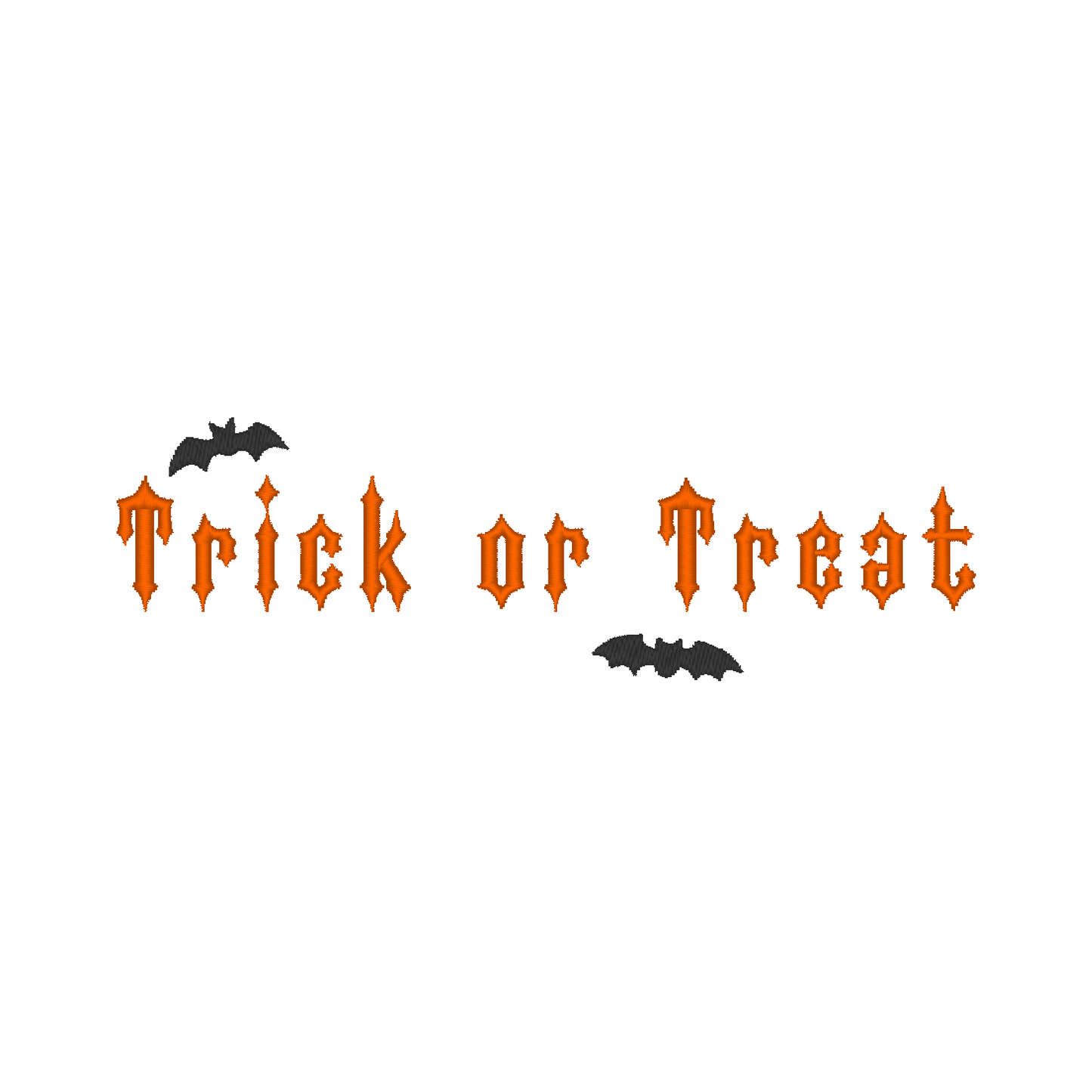 Embroidery design featuring 'Trick or Treat' inscription with two bats