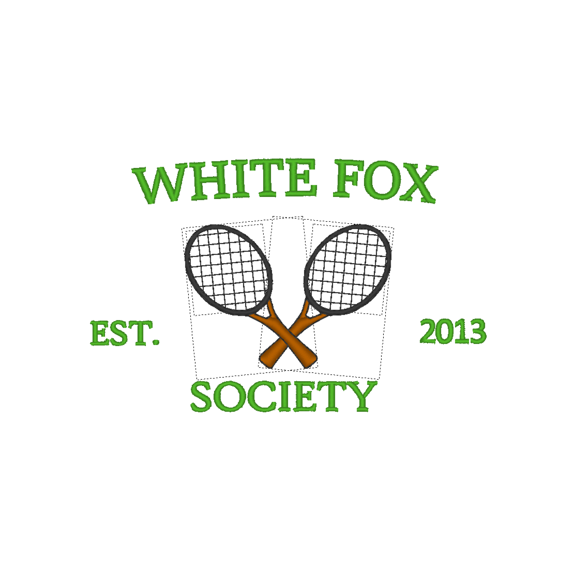 Machine embroidery design with the text 'White Fox Society Est. 2013'