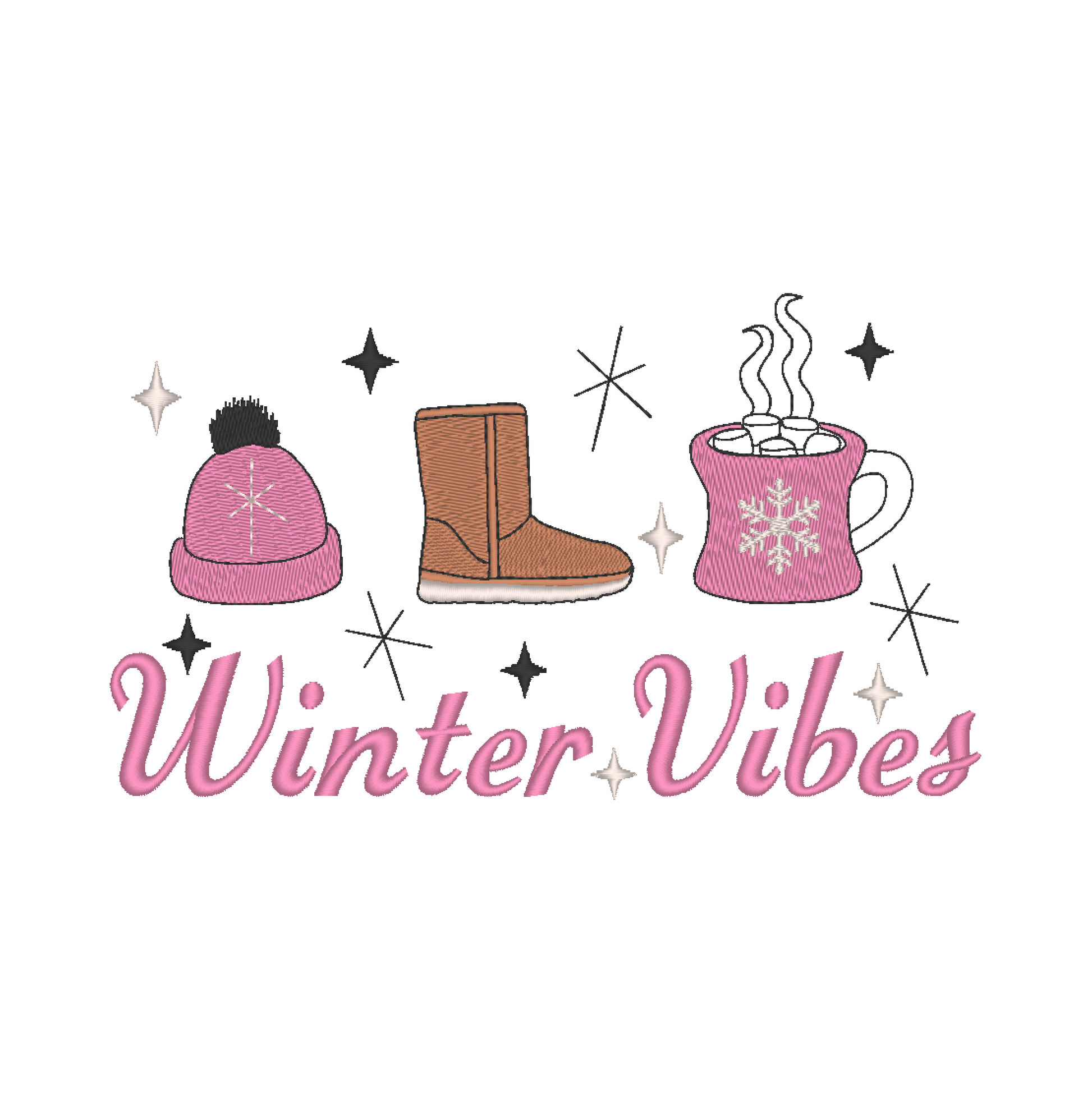 Winter Vibes' machine embroidery design features a cozy knitted hat, a snug Ugg boot, and hot cocoa with marshmallows