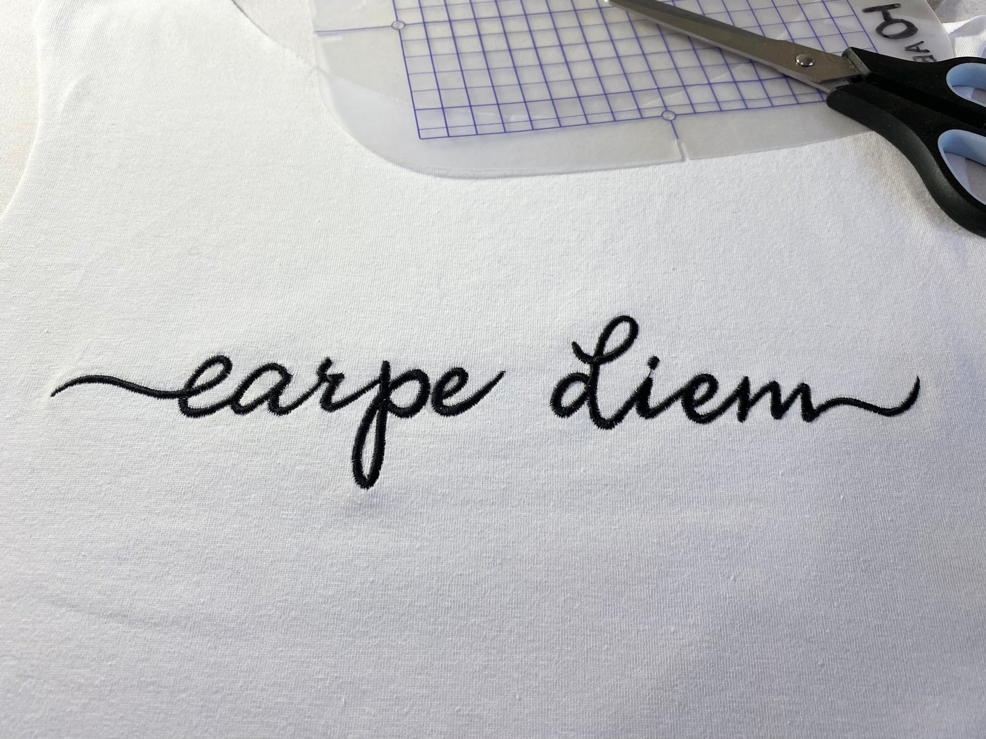 Embroidery design with the phrase 'Carpe diem' written in stylish lettering