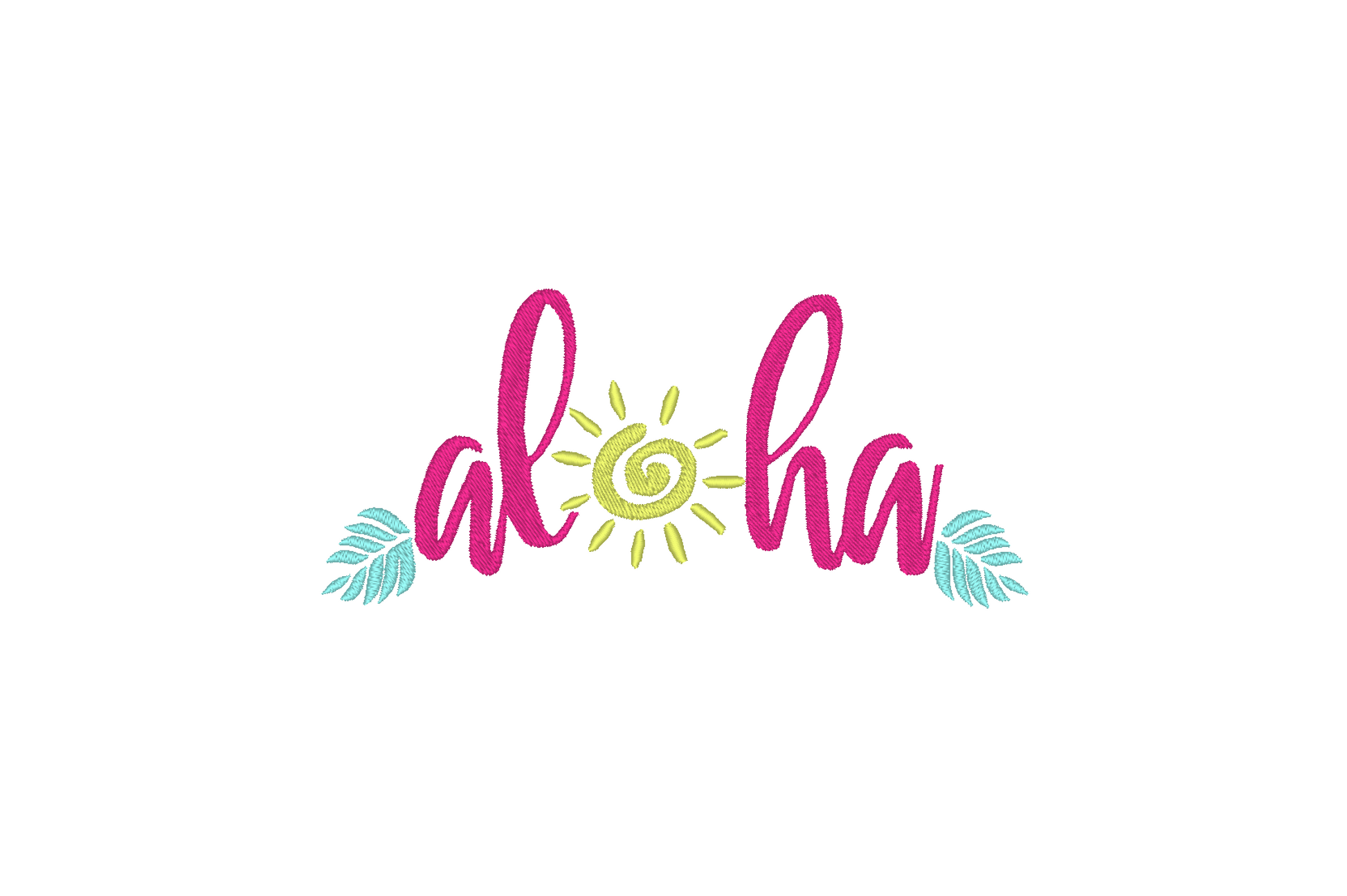 Machine embroidery design featuring the word 'Aloha' with a sun and palm leaves, creating a tropical and sunny vibe