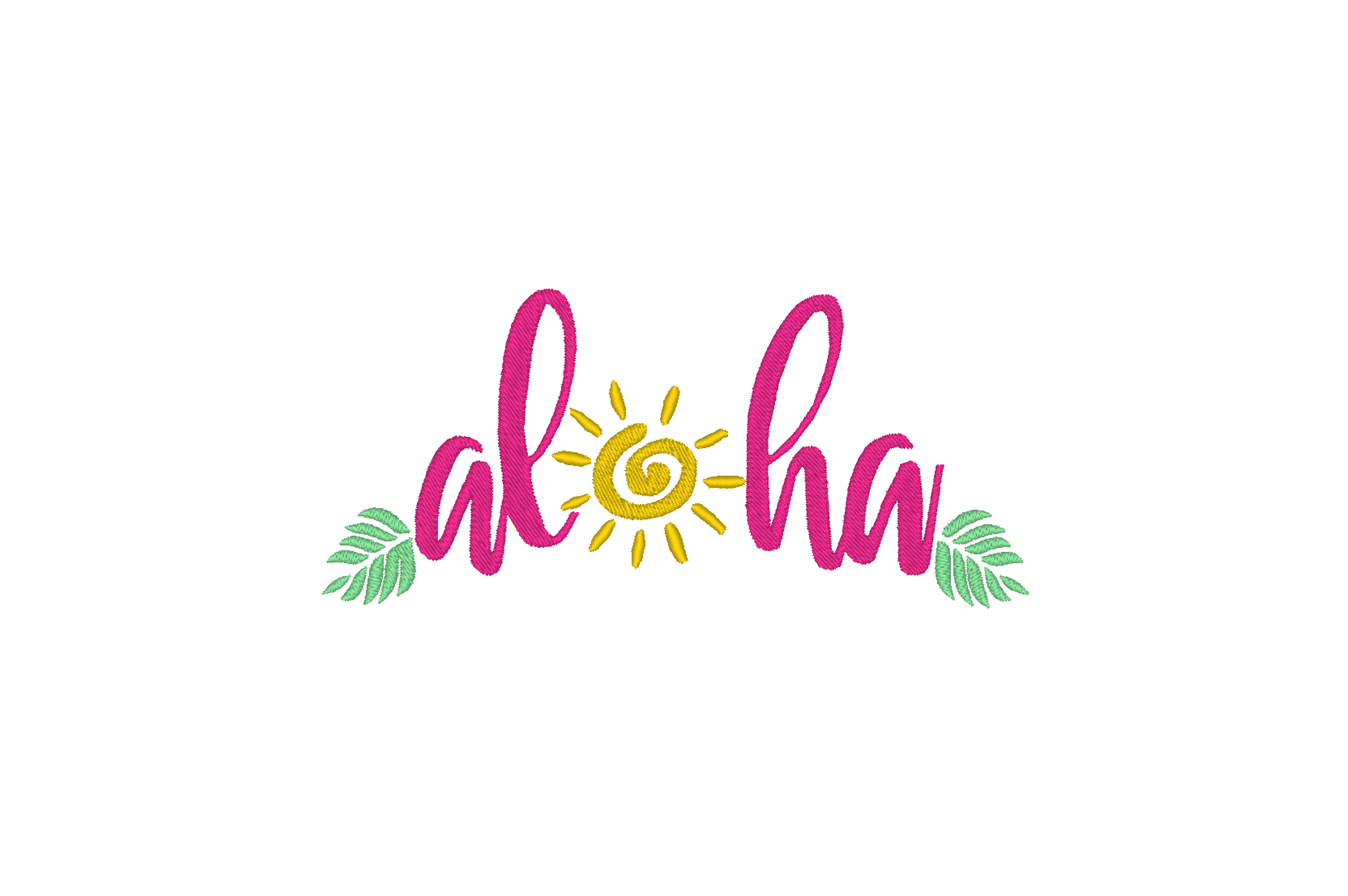 Machine embroidery design featuring the word 'Aloha' with a sun and palm leaves, creating a tropical and sunny vibe